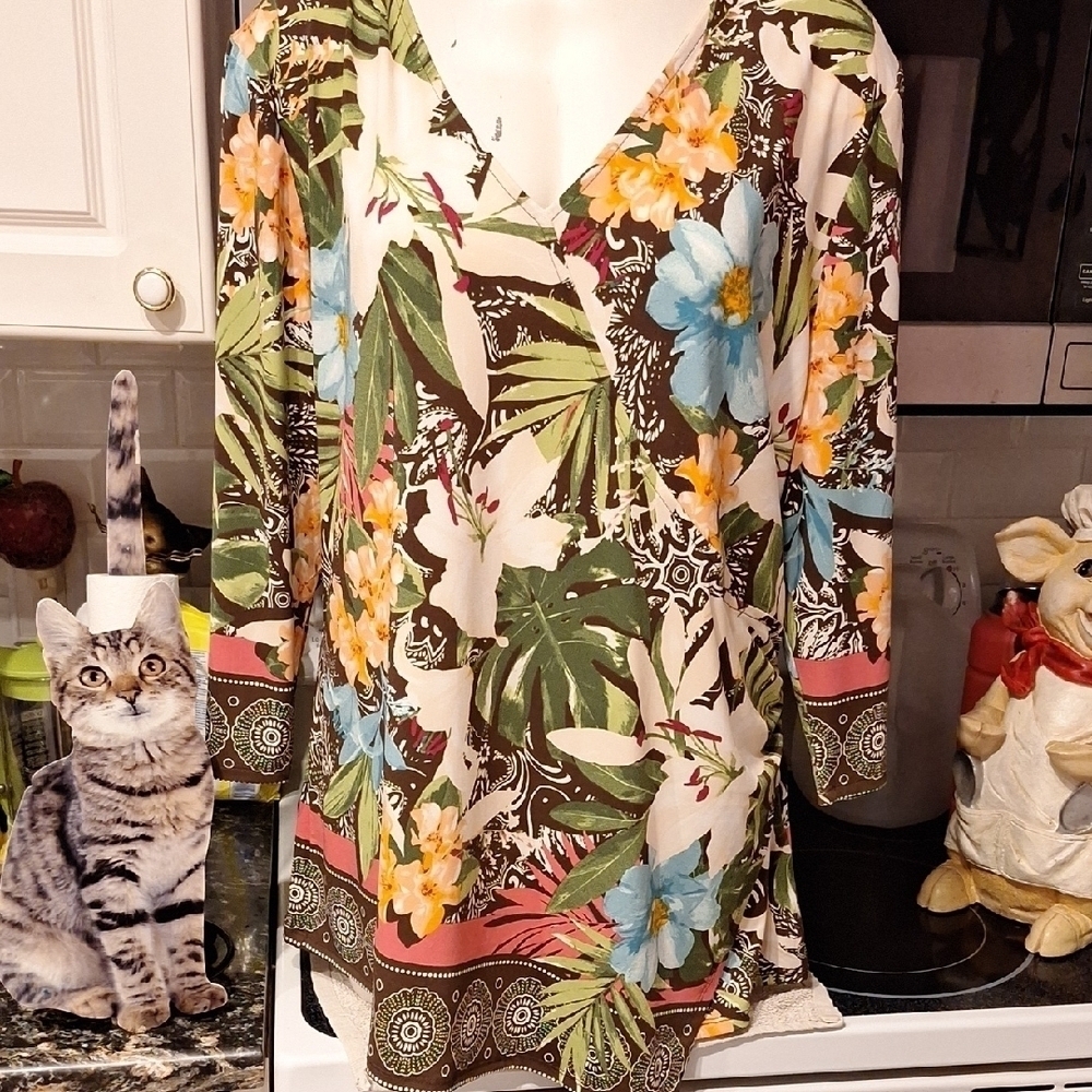 c Womens JM Collection Floral Stretch 3/4 Sleeve Plus Size Top XXL